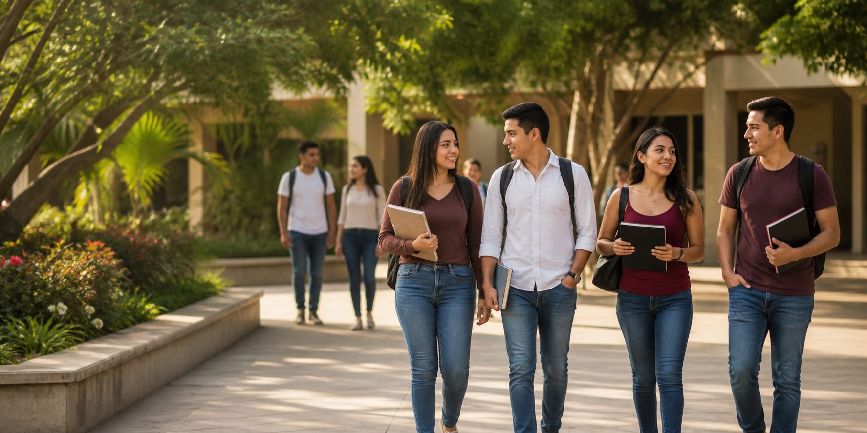 Estudiantes universitarios caminando y conversando en un entorno académico